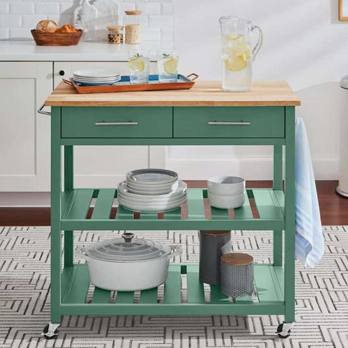 Glenville Endive Green Rolling Kitchen Cart with Butcher Block Top, Double-Drawer Storage and Open Shelves (36" W)