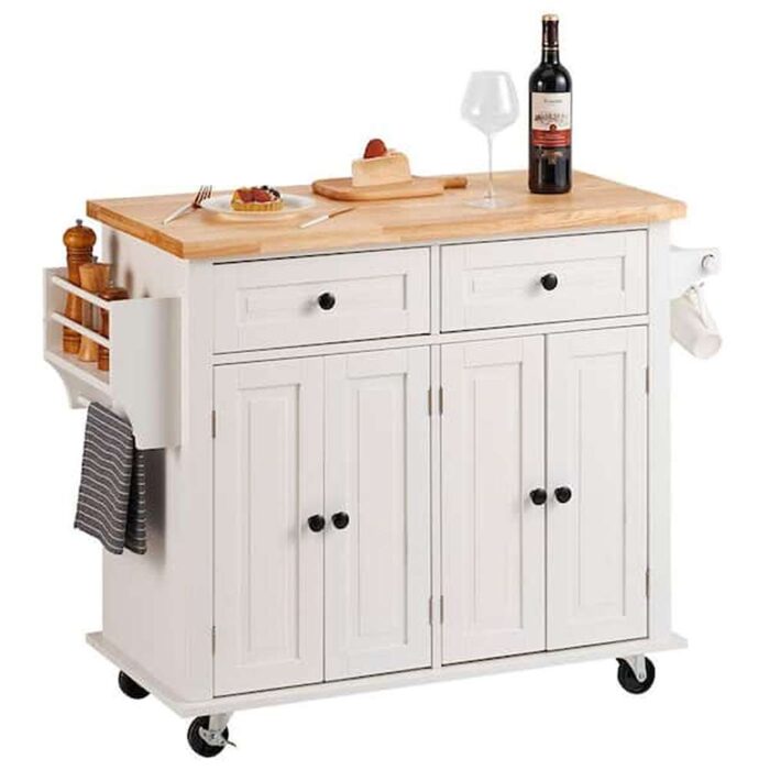 Kitchen Cart 35.4 in. Mobile Storage Cart with Solid Natural Wood Top, Rolling Kitchen Table, Portable on Wheels, White